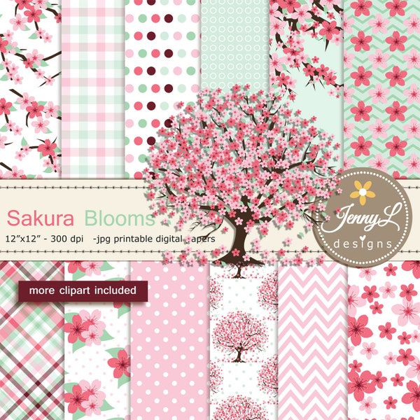 Cherry Blossoms Digital Paper and Clipart, Spring Korea Japanese Sakura for Wedding, Bridal Baby Shower, Birthday Party, Digital Scrapbook