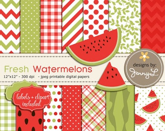 Watermelons Digital Papers and Clipart, Summer Picnic Fruit Theme, Pool Party Red and Green Scrapbooking Papers, Birthday