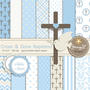 Boy Baptism Digital Papers, Cross Dove Clipart, First Communion, Holy Week Spirit Scrapbooking Paper, Christening, Boy Baptismal, Dedication