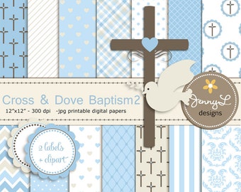 Boy Baptism Digital Papers, Cross Dove Clipart, First Communion, Holy Week Spirit Scrapbooking Paper, Christening, Boy Baptismal, Dedication