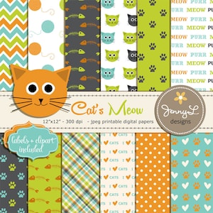 Documenti digitali gatto, carta digitale per animali domestici, Clipart testa di gatto, gattino, filato, carte Scrapbooking zampe, lisca di pesce, documenti digitali animali,