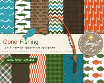 Fishing Digital Papers and Clipart SET, fishing lure, rod, Father's Day Gone Fishing for Digital Scrapbooking, invitations,  Planner