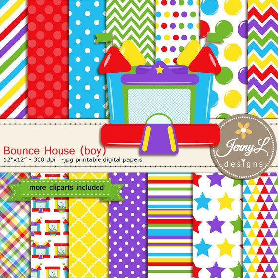 Bounce House Boy Digital Paper and Clipart for Birthday, Baby Shower
