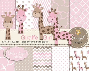 Giraffe Girl Baby Shower Digital Papers and Clipart, Girl Baptism, Dedication, Birthday, Baby Giraffe Clipart, Giraffe Print, Animal Print