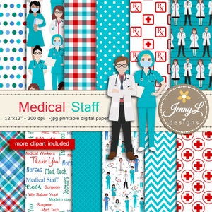 Médicos, enfermeiros, papel digital, trabalhador médico e estetoscópio, vírus, clipart, conjunto para scrapbooking digital, planejadores, adesivos, cartões