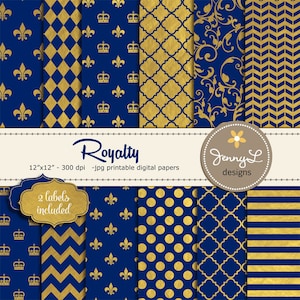 Gold und Royal Blau Digital-Papiere, Royalty Papiere, Goldfolie Digital Papiere, Marine Blau und Gold Papiere, Krone Digital Papiere, Fleur de Lis