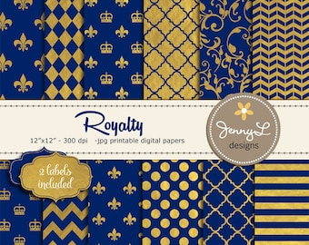 Gold and Royal Blue Digital Papers, Royalty Papers, Gold Foil Digital Papers, Navy Blue and Gold Papers, Crown Digital Papers, Fleur de Lis