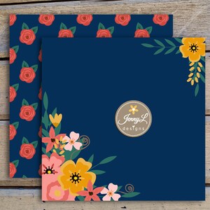 May include: A navy blue background with a floral design in the corner. The flowers are yellow, orange, pink, and red. The text "Jenny L designs" is in a brown circle with a small yellow flower.