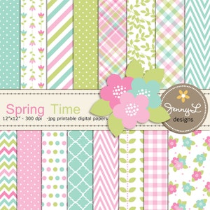Lente digitale papers en bloem clipart, tulpenbloesem, Moederdag, meisje digitaal scrapbookingpapier, lente, groen, turkoois, roze,