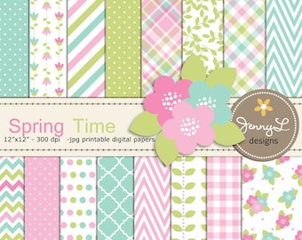 Spring Digital Papers and Flower Clipart, Tulip Blossom, Mother's Day, Girl Digital Scrapbooking Paper, Springtime, Green, Turquoise, Pink,