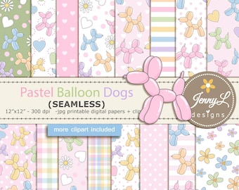 Pastel Balloon Dog SEAMLESS Digital Paper and Clipart, Background Digital Paper for Birthday, Scrapbooking Paper Party Theme,