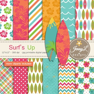Surfing digital papers and clipart SET, Surfing Board, Hibiscus, Tree, Sun for Digital Scrapbooking, birthday invitations Planner