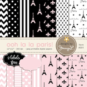 Papel digital de Paris, papéis de fundo digital imprimíveis da Torre Eiffel, Fleur, papel rosa e preto para aniversário, etc.