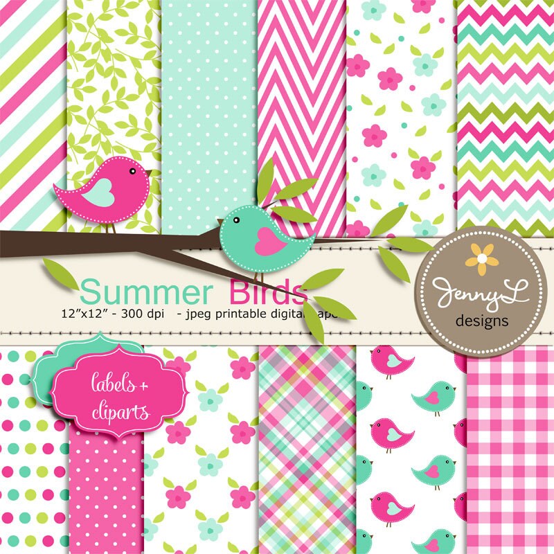 Birds Digital Papers and Clipart Tree Branch Flowers Baby - Etsy