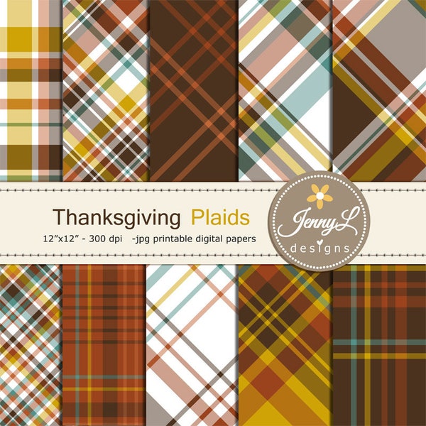 Thanksgiving Plaids Digital Papers, Tartan, Stripes Fall, Autumn, Brown, Orange Plaids for Digital Scrapbooking, Planner