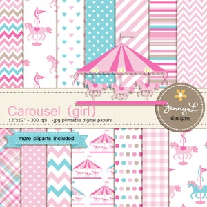Carousel Digital Paper, Pink Girl Horse, Carnival Clipart, Merry Go Round Baby Shower, Birthday, Wedding for Invitations, Scrapbooking Party