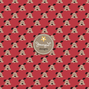 May include: A red background with a repeating pattern of brown cartoon dog faces. The dog faces have black eyes, black noses, and black tongues sticking out. The text "Jenny L designs" is in the center of the image.