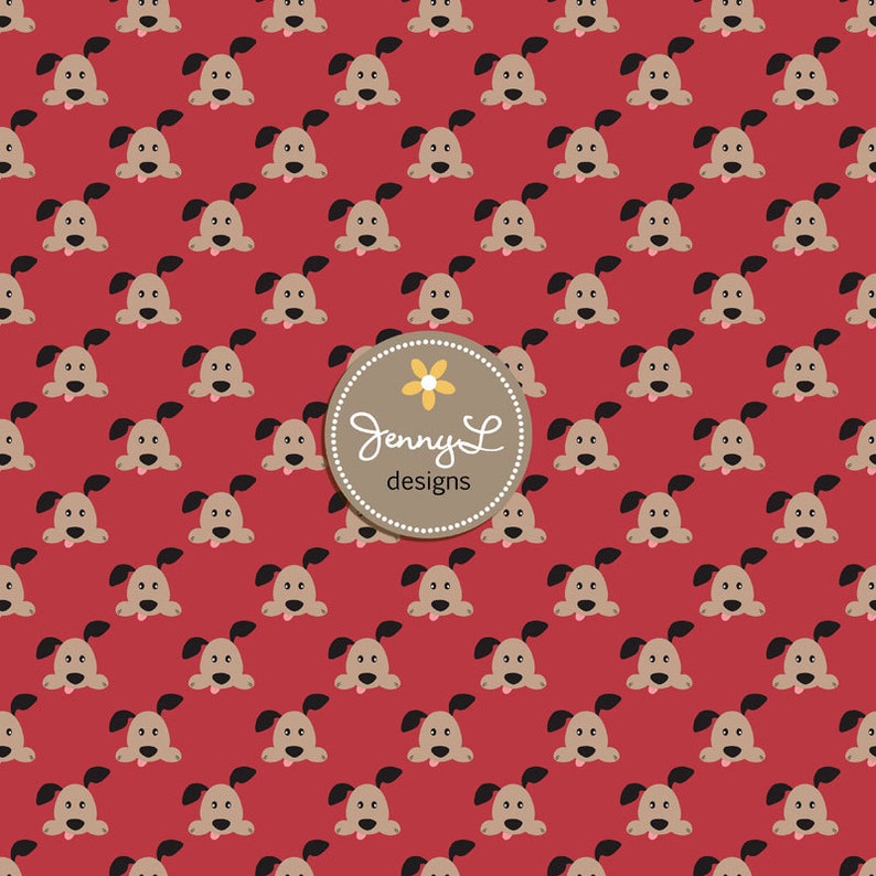 May include: A red background with a repeating pattern of brown cartoon dog faces. The dog faces have black eyes, black noses, and black tongues sticking out. The text "Jenny L designs" is in the center of the image.