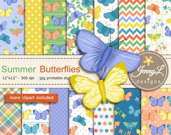 Summer Butterflies Digital Papers and Flowers Floral Clipart SET for Digital Scrapbooking, for Planners, Stickers, Invitations, Background