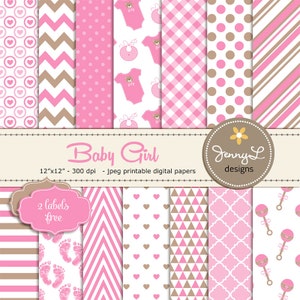 Papeles digitales para baby shower, Bautismo de niña, Anuncio de nacimiento, Sonajero, Biberón, Papeles de álbum de recortes digitales It's a Girl,