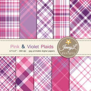 May include: Set of 8 digital paper patterns featuring pink and purple plaid designs. Each pattern is 12 inches by 12 inches and 300 dpi. The text "Pink & Violet Plaids" and "Jenny L designs" is included in the image.