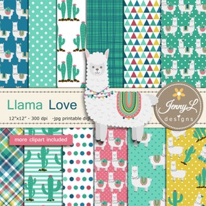 Lllama Alpaca Digital Papers and Cactus Clipart SET, for Scrapbooking, Invitation, Planners, Birthday