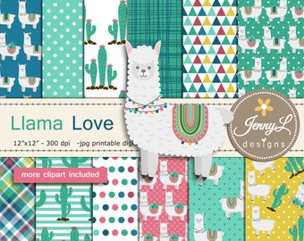 Conjunto de papeles digitales de llama, alpaca y clipart de cactus para scrapbooking, invitaciones, planificadores y cumpleaños.