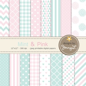 Mint en roze digitale papieren, blozen, turkoois, lichtroze scrapbookingpapier, verjaardag, uitnodigingen, dahliabloem