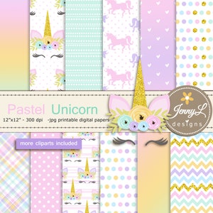 Papeles digitales de caras de unicornio pastel y conjunto de imágenes prediseñadas, Corazones pastel para Scrapbooking, Invitación, Planificadores, Pegatinas