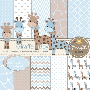 Giraffe Boy Baby Blue Shower Digital Papers and Clipart, Boy Baptism, Dedication, Birthday, Baby Giraffe Clipart, Giraffe Print, Animal