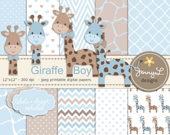 Giraffe Boy Baby Blue Shower Digital Papers and Clipart, Boy Baptism, Dedication, Birthday, Baby Giraffe Clipart, Giraffe Print, Animal