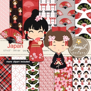 Papéis digitais do Japão e conjunto de clipart japonês, oriental, Ásia, Sakura, flores de cerejeira, leque, asiático para scrapbooking, convite, planejadores