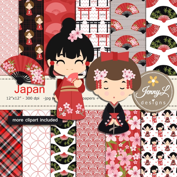 Japan Digitale Papiere und japanische Clipart SET, Orientalisch, Asien, Sakura, Kirschblüten, Fächer, Asiatisch für Scrapbooking, Einladung, Planer