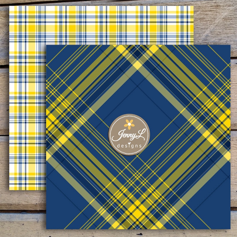 Yellow and Navy Blue Plaids Digital Papers, Tartan, Stripes Father's Day, Little Men, Boy, Guy, Masculine Digital Scrapbooking image 2