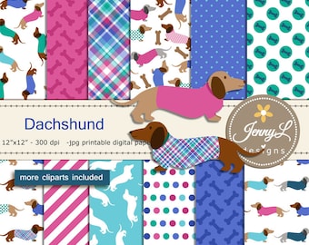 Conjunto de papeles digitales y clipart de perro salchicha, cachorro, perrito, animal para álbumes de recortes, invitaciones, cumpleaños, planificadores