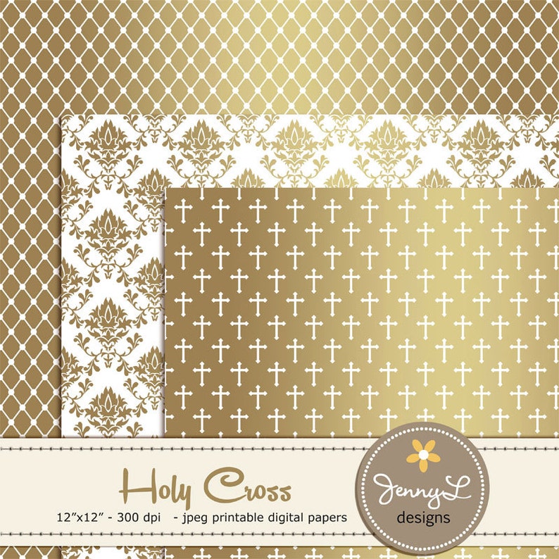 Gold Baptism Digital Papers, First Communion, Religious, Christening, Holy Week Cross and Dove Baptismal Clipart, Dedication, Planner image 4