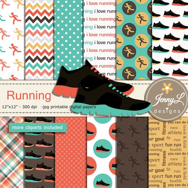 Running Digital Papers and Clipart SET, Sports, Exercise Fitness, Workout, Running Shoes, Track and Field, Cross Country Jogging Scrapbook