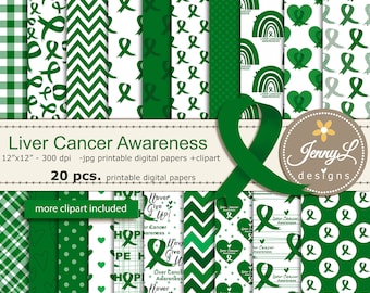 Liver Cancer Awareness Digital Papers, Emerald Green Ribbon Clipart for Digital Scrapbooking, posters, invitations stickers Cancer Awareness