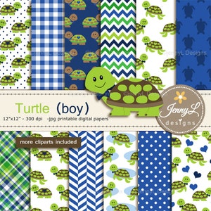 Schildkröten-Junge-Digitale Papiere und Cliparts, blaue grüne Schildkröte für digitales Scrapbooking, Geburtstagsfeier, Einladungen, Planer