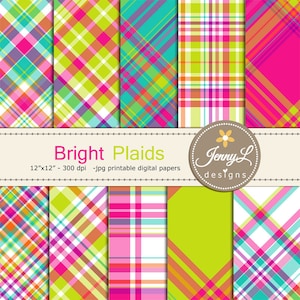 Bright Plaids Digital Papers, Summer, Spring Plaid, Fuchsia Pink, Neon Green Tartan, Stripes for Digital Scrapbooking