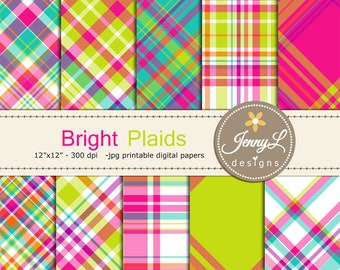 Bright Plaids Digital Papers, Summer, Spring Plaid, Fuchsia Pink, Neon Green Tartan, Stripes for Digital Scrapbooking