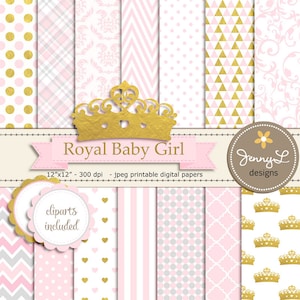 Papéis e clipart digitais da coroa, chá de bebê da princesa real, anúncio de nascimento rosa e dourado de aniversário, tema de festa de papel para scrapbooking