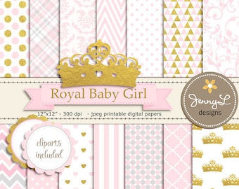 Papiers numériques de la Couronne et Clipart, Royal Princess Girl Baby Shower, Cadeau de naissance rose et or d’anniversaire, Thème de fête en papier Scrapbooking