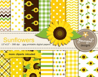 Sunflower Digital papers and Clipart, for Birthday, Baby Shower, Wedding, baptism Scrapbooking Paper Party Theme, Summer flower