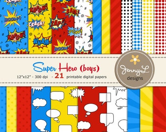 Superhero Digital Paper, Comics, Super Hero, Cartoons, Comic Book, Action Words, Comic Sound Effects Printable Digital Background Papers