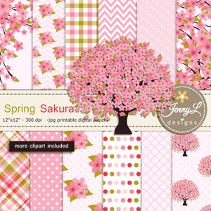 Spring Cherry Blossoms Digital Paper and Clipart, Japanese Sakura for Wedding, Bridal Baby Shower, Birthday Party, Digital Scrapbooking,