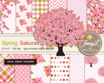 Spring Cherry Blossoms Digital Paper and Clipart, Sakura japonais pour mariage, Baby Shower nuptiale, Fête d’anniversaire, Scrapbooking numérique,