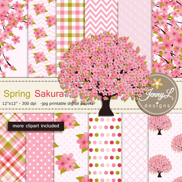 Spring Cherry Blossoms Digital Paper and Clipart, Japanese Sakura for Wedding, Bridal Baby Shower, Birthday Party, Digital Scrapbooking,