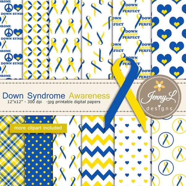 Down Syndrome Awareness Digital Papers and Blue Yellow Ribbon Clipart  for Digital Scrapbooking, Planner, Invitations