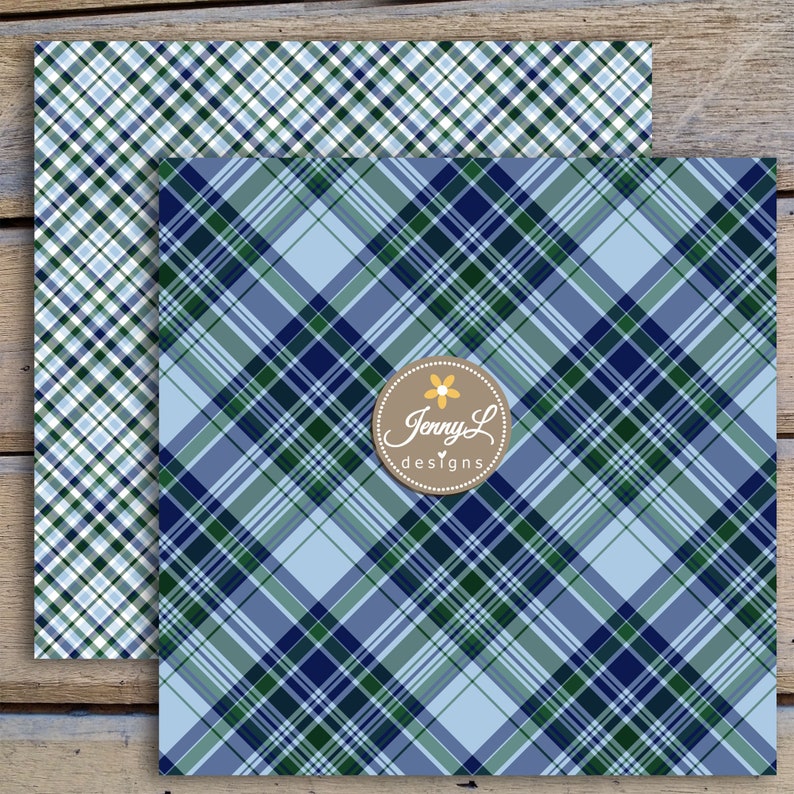Peut inclure: Deux motifs de papier num&eacute;rique avec des motifs &agrave; carreaux bleus, verts et blancs. Le motif le plus grand a un fond bleu clair et le motif le plus petit a un fond blanc. Les motifs sont &eacute;tiquet&eacute;s "Jenny L designs".